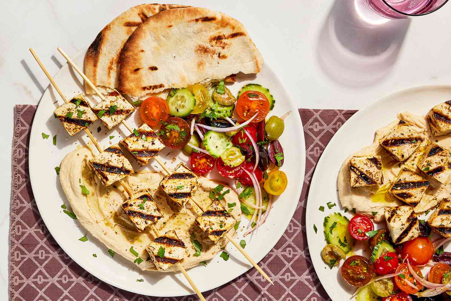 Za-atar Tofu Skewers with Tomato Salad & Hummus