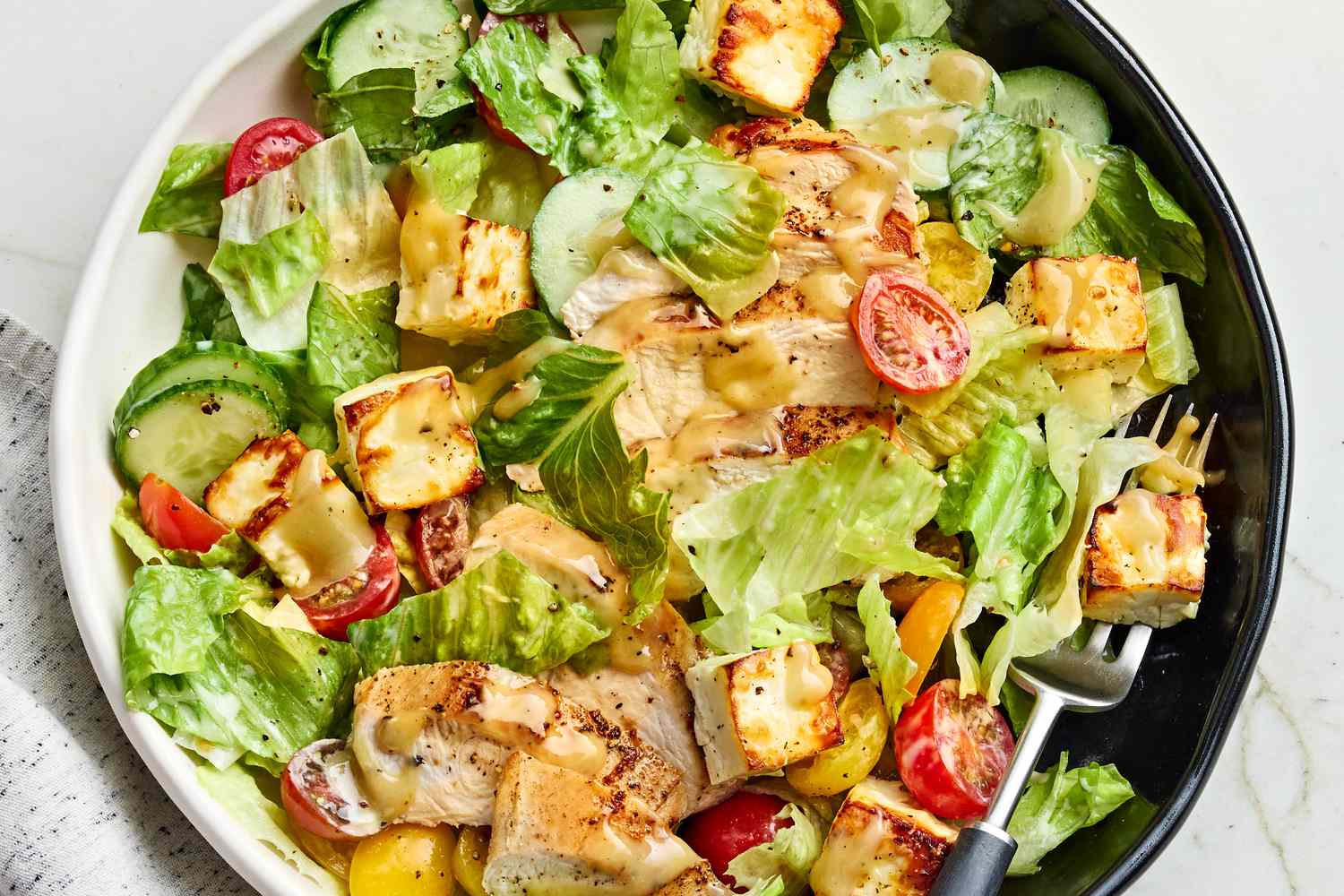 Greek salad with chicken and feta croutons easy dinner recipe