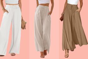 Collage of three comfortable summer pants we recommend on a peach background