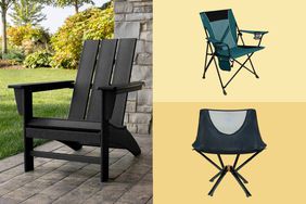 collage of three lawn chairs we recommend on a yellow background