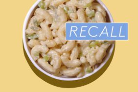 pasta salad with a blue recall logo on it