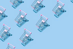 Pattern of supermarket shopping cart on pastel blue background. Creative design for packaging. Online shopping. Seamless pattern. Black friday sale concept. Copy space. Sustainable, minimalist lifestyle.