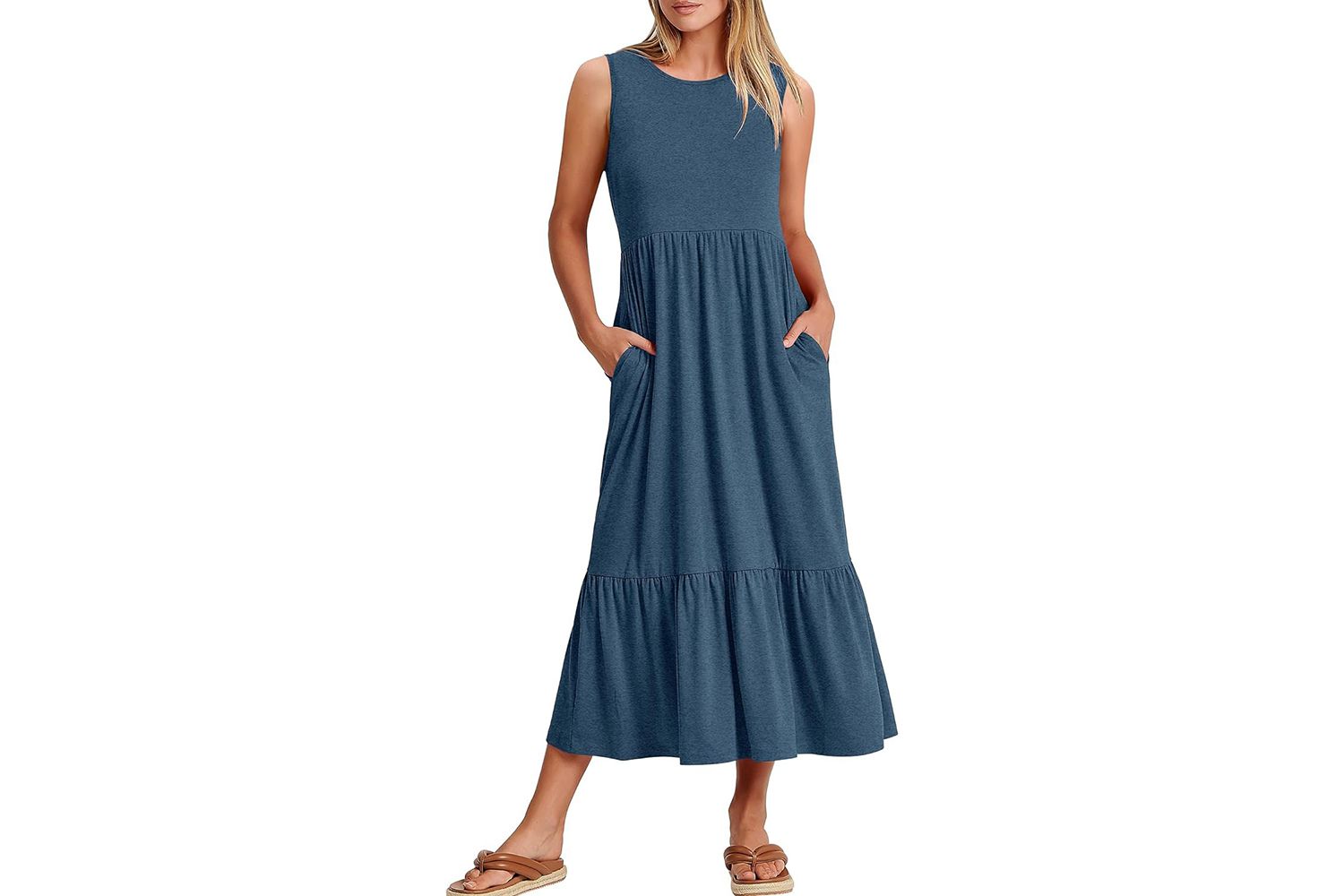 Amazon ANRABESS Women's Summer Casual Sleeveless Crewneck Swing Sundress Fit & Flare Flowy Tiered Maxi Dress with Pockets