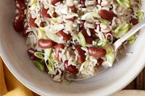 Top View of Simple Kidney Beans and Rice Recipe Served in a White Bowl