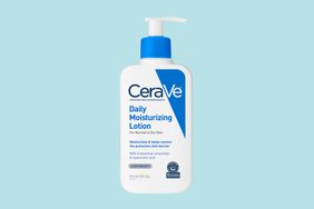 collage of CeraVe Daily Moisturizing Lotion on blue background