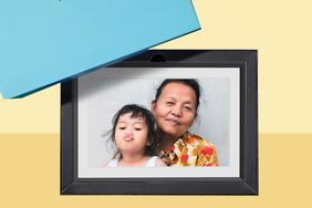 One of the best digital picture frames on a two-tone yellow background. 