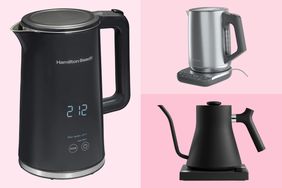 collage of three electric kettles we recommend on a pink background