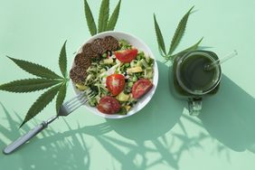 What Does It Mean to Be "California Sober"? Salad, smoothie, and marijuana leaves