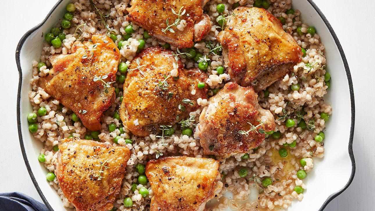 Chicken Thighs With Barley and Peas