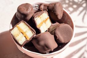 Chocolate Banana Bites in a Bowl, Some Cut Open to Show Inside