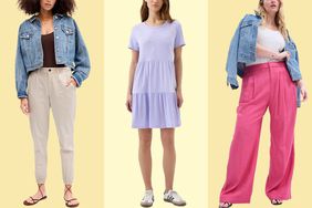 Collage of various Gap clothing on models we recommend on a yellow background