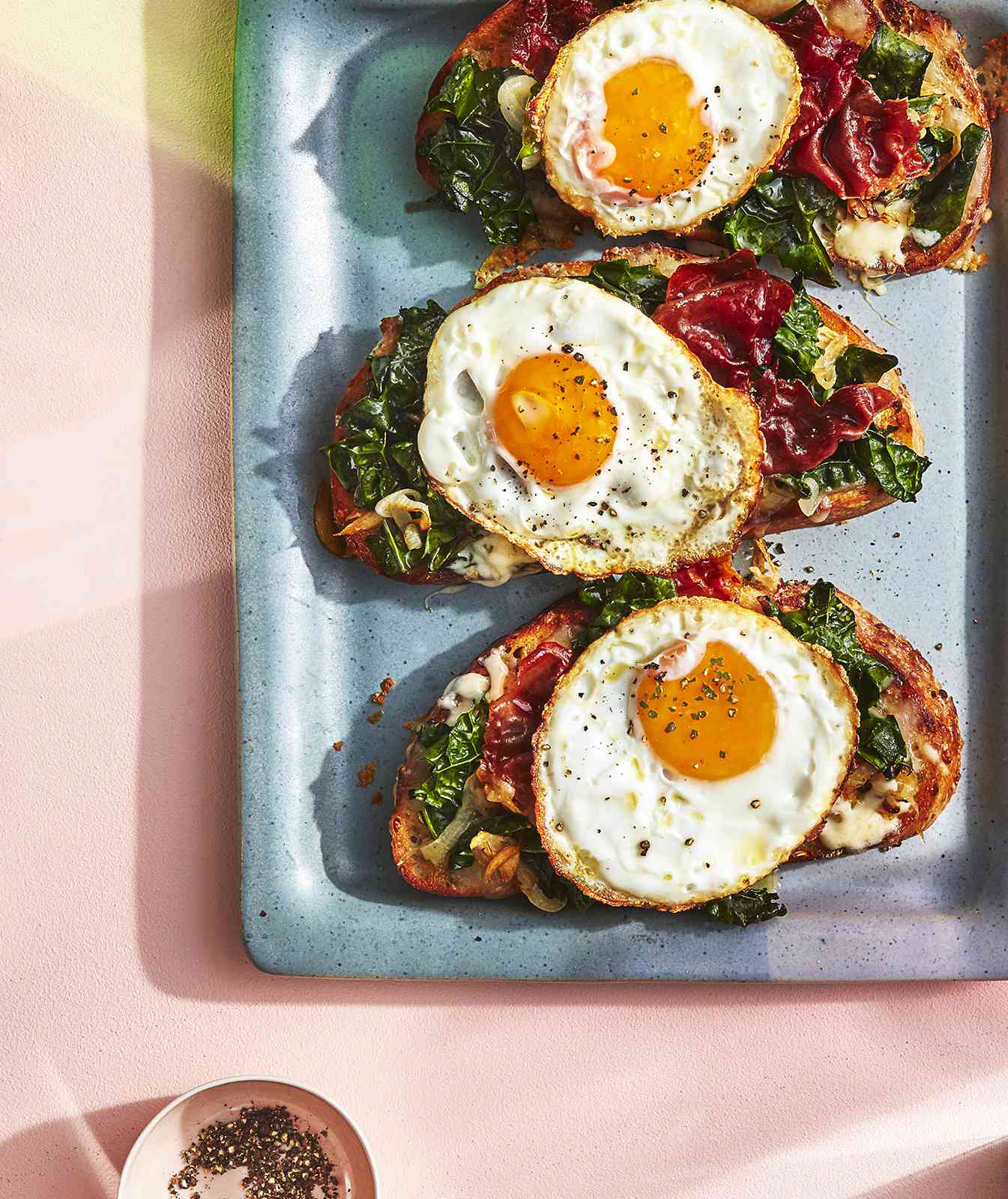 Spring Greens Tartine with Prosciutto, Fontina, and a Fried Egg