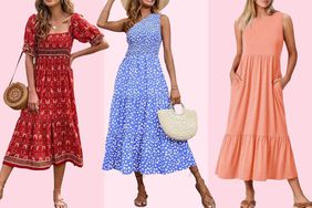 Collage of three flowing spring dresses we recommend on pink backgrounds