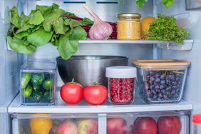 Open fridge full of fresh fruits and vegetables, vegetarian food healthy food background, greenery, organic nutrition, health care, dieting concept