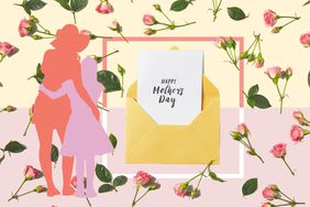 Silhouette of a mother and child embracing, with a Happy Mother's Day card and pink roses in the background