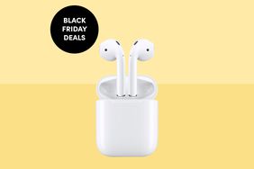 The Apple AirPods on a two toned yellow background with a Black Friday Deals badge.