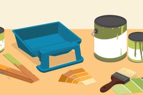 Illustrated image of paint cans, brush, and paint swatches