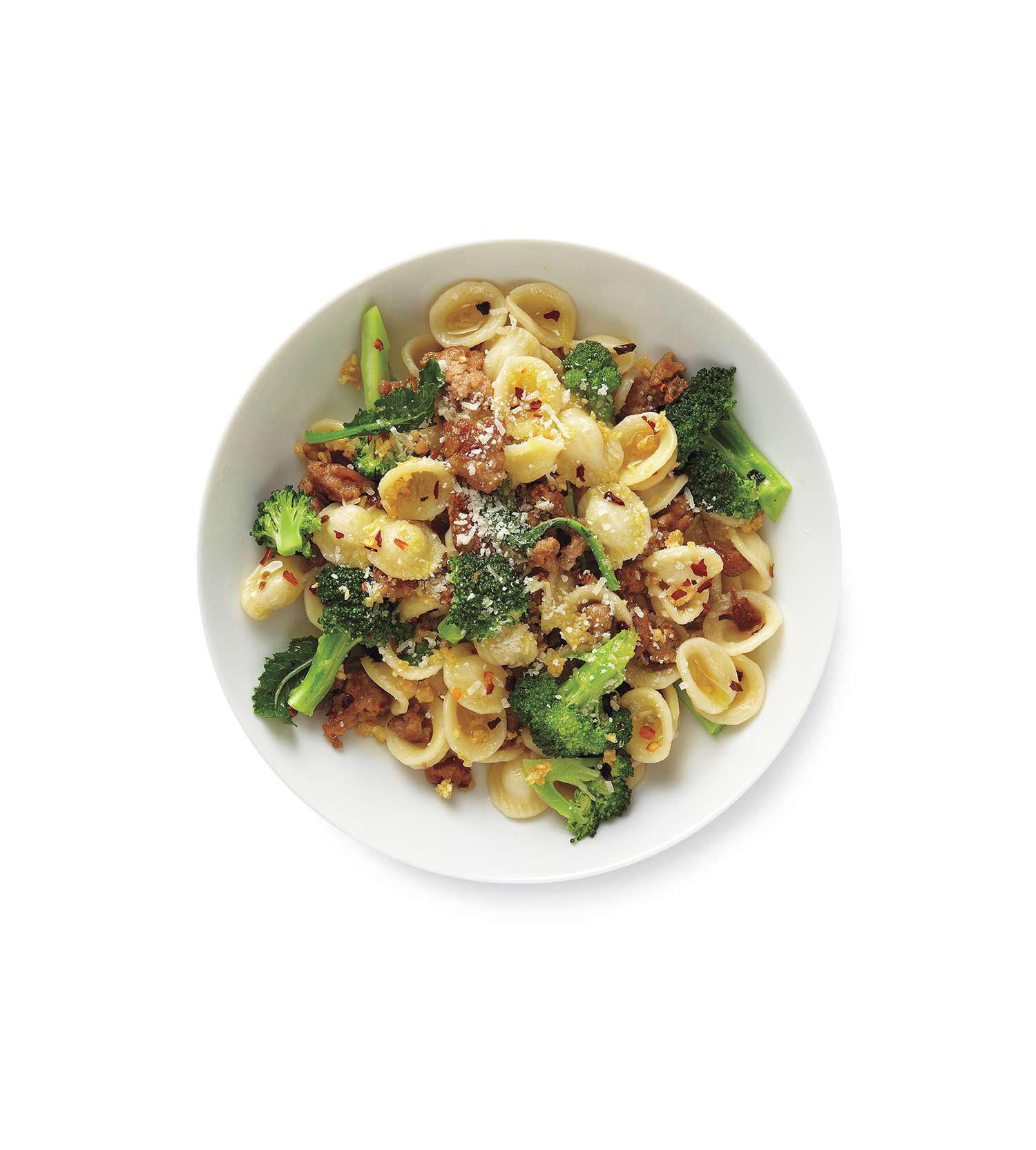 Pasta With Turkey and Broccoli Served in a White Bowl
