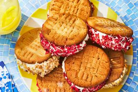 PB&J Ice Cream Sandwiches on a Yellow and White Chevron Pattern Plate