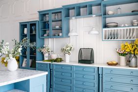 Kitchen with blue cabinets and white walls