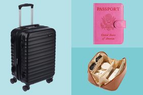 Collage of three Amazon best-selling luggage and travel accessories we recommend on different blue backgrounds