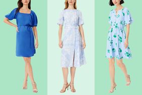 Collage of three Ann Taylor Dresses we recommend on models over a green background