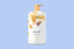 Olay bodywash against a blue background