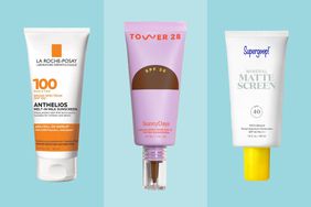 Collage of three different Face Sunscreens we recommend on a blue background