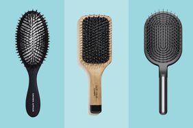 A collage of popular hairbrushes for thinning hair and hair loss