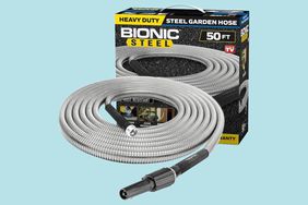 The Bionic Steel 50-Foot Garden Hose on a blue background