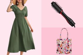 Collage of a dress, kate spade bag and hairbrush on a pink background