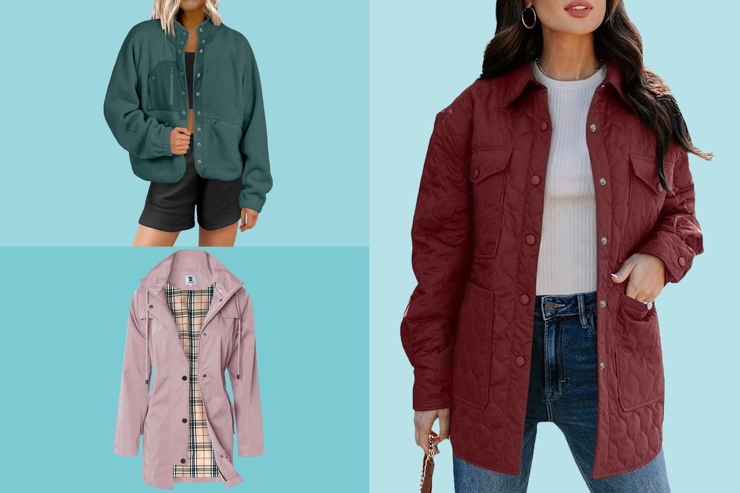 collage of three Amazon lightweight jackets for fall on a blue background