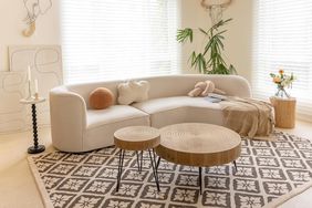 Modern Farmhouse living room furniture including a couch, coffee table, and rug