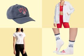 collage of four team USA olympic gear items on a yellow background 