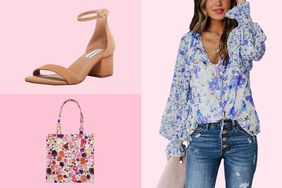 Collage of spring shoes, bags and tops, we recommend on a pink background