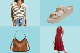 trending wardrobe pieces including slide on sandals, summer sweaters. hobo bags and button down dresses