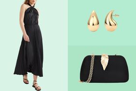 Collage of a black wedding guest dress, earrings and a clutch bag on a green background