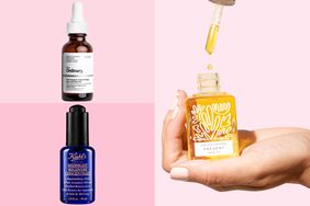 Three anti-aging face oils we recommend on a pink background