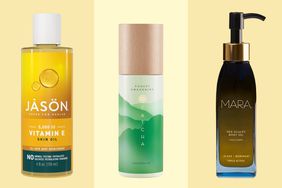 Collage of three different body oils we recommend on yellow backgrounds