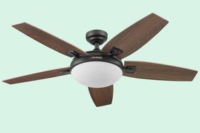 Collage of the Honeywell Carmel Ceiling Fan on a light green background