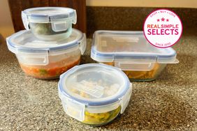 The Pyrex Freshlock 10-Piece Airtight Glass Food Storage Container Set on a counter