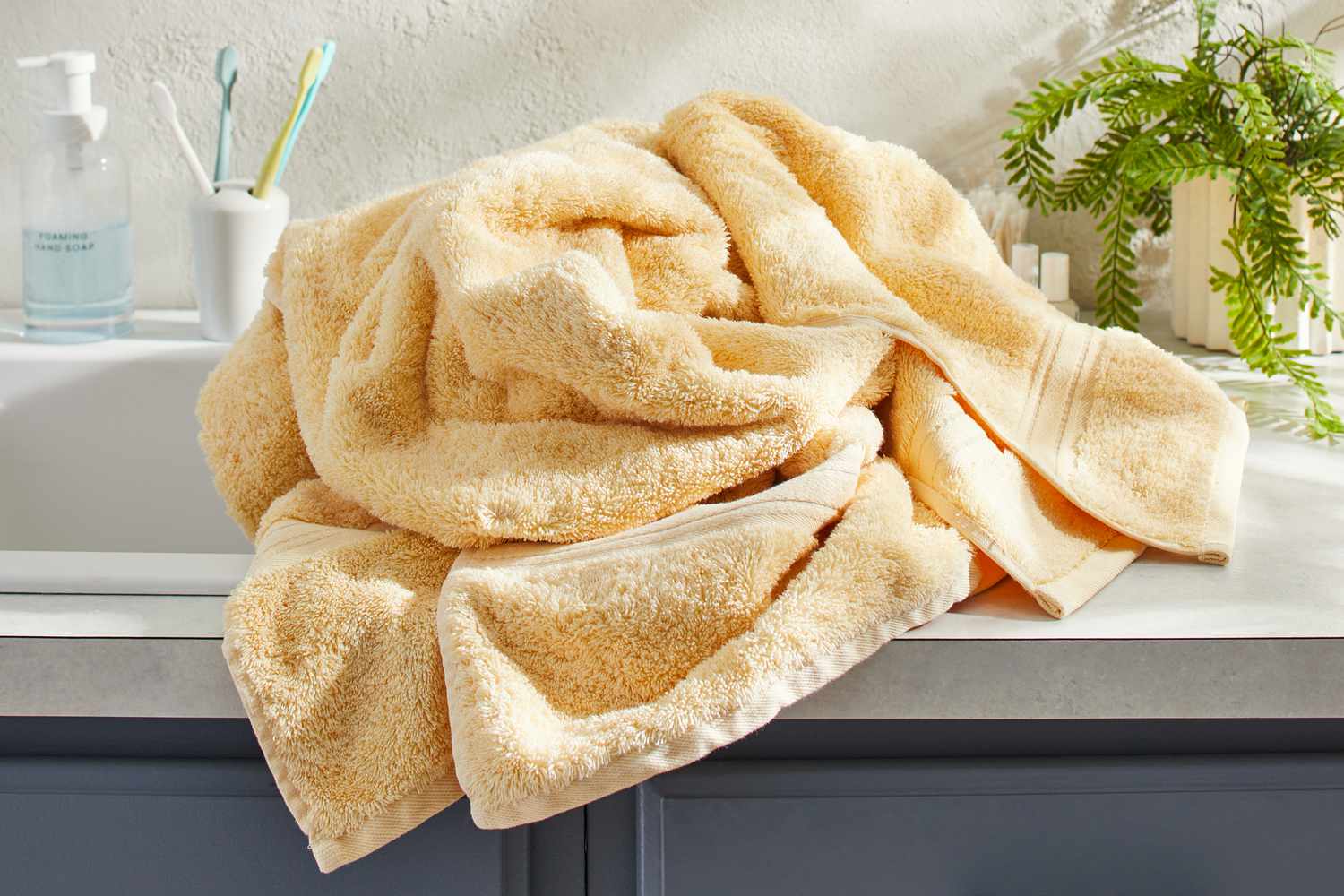 Lands' End Premium Supima Cotton Bath Towel balled up on bathroom counter