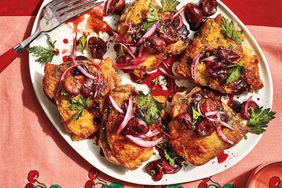 skillet-chicken-thighs-balsamic-glaze with cherries