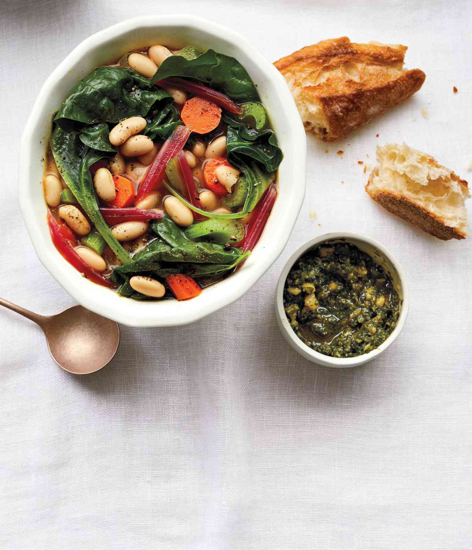 Spring Bean-and-Chard Soup With Toasted Almond Pesto