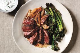 Skirt Steak with Roasted Shallots, Broccolini, and Horseradish Sauce