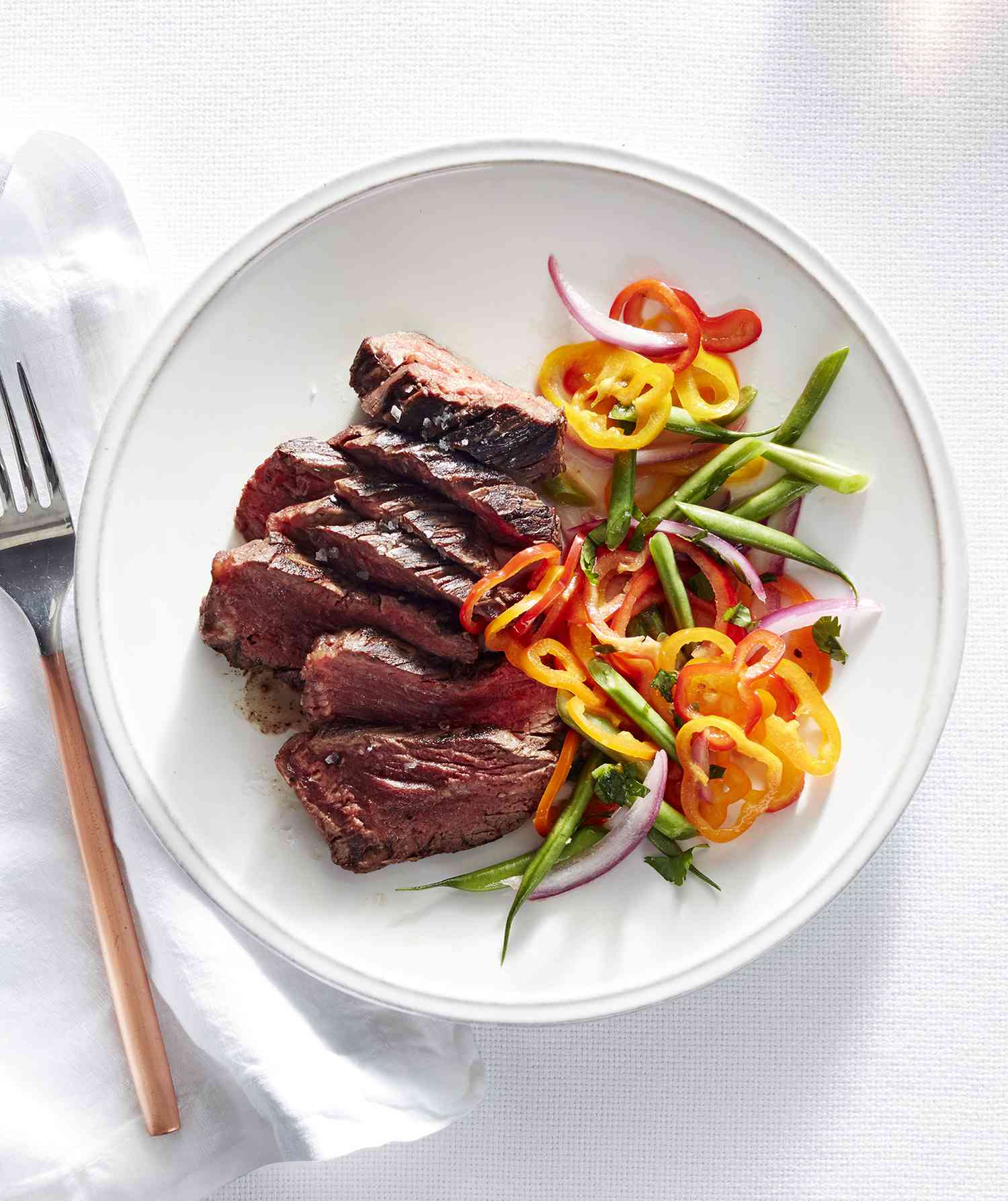 Grilled Hanger Steak With Green Bean and Sweet Pepper Slaw