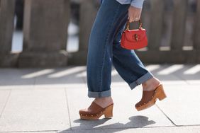 Gucci bamboo red / orange round leather mini bag and Scholl platform wood / brown leather clogs