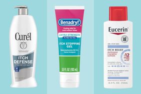 A collage of anti-itch creams we recommend on a colorful background