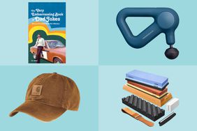 collage of four father's day gifts we recommend on a blue background