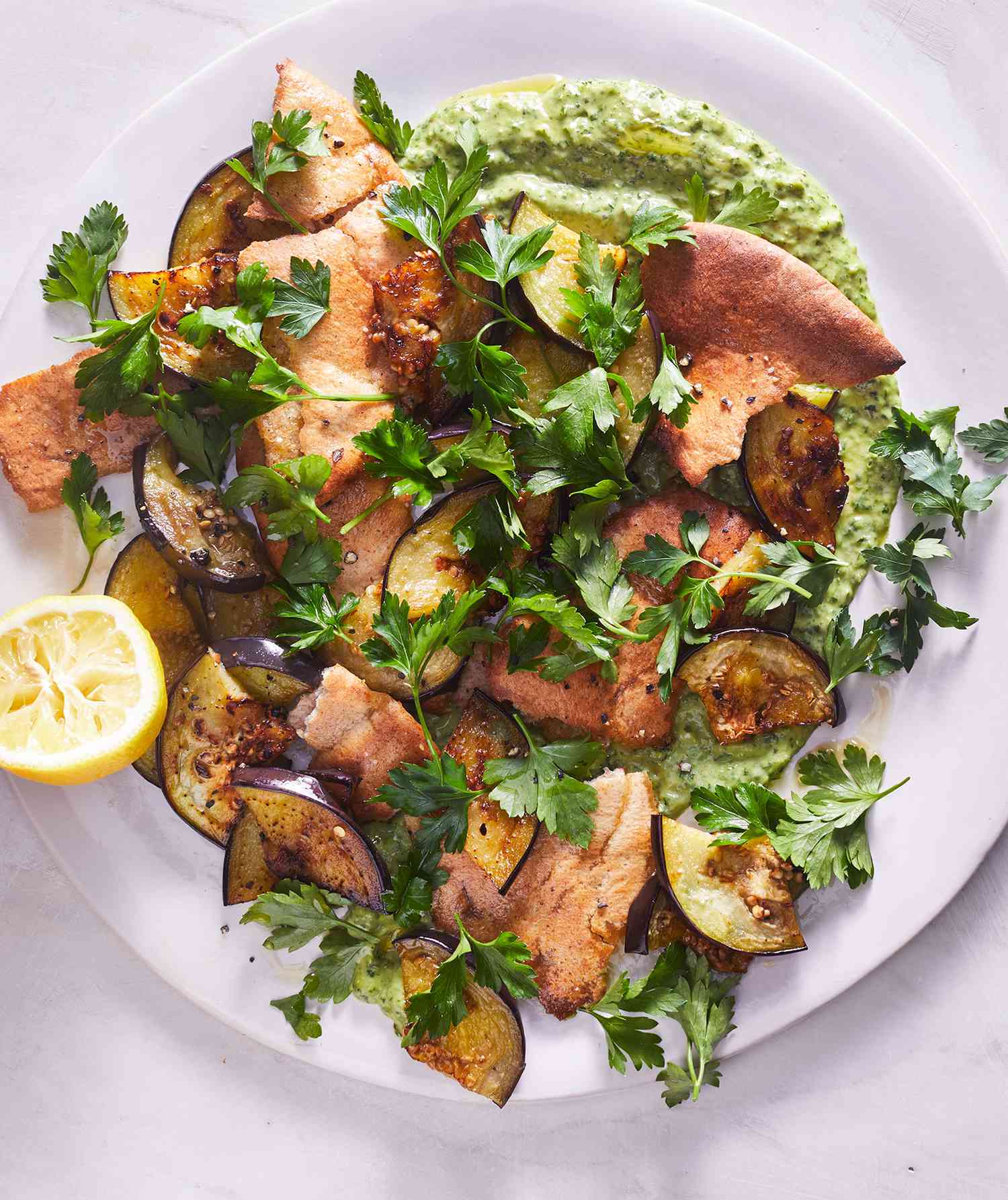 Torn Pita and Eggplant Salad With Parsley and Green Tahini